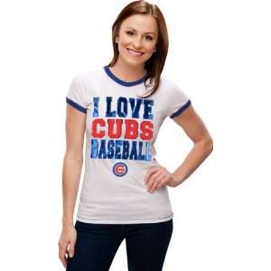  Chicago Cubs White Womens Crewneck Ringer T Shirt: Sports 