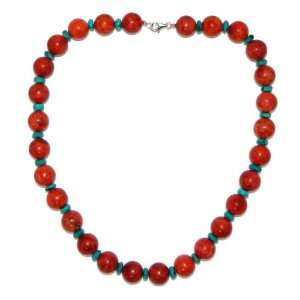   Coral 16 mm & Howlite Dyed turquoise Bead Necklace 20 inches Jewelry