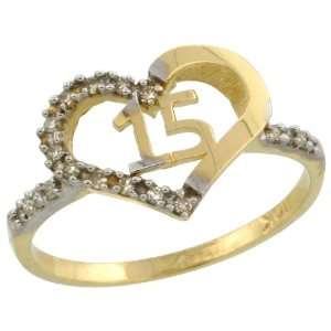 10k Gold 15 Quinceneara Heart Diamond Ring w/ 0.12 Carat Brilliant Cut 