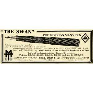 1911 Ad Mabie Todd Co Logo Swan Safety Fountain Pen Vintage Chicago 
