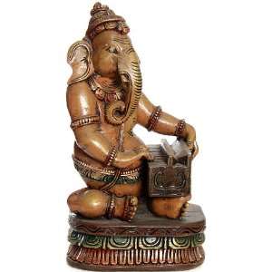  Lord Ganesha Plays Harmonium   South Indian Temple Wood 