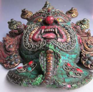 13 Old Tibet Tibetan Turquoise Protector Mahakala Mask Statue  