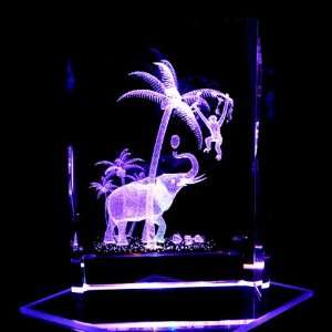 Elephant with Monkey 3D Laser Etched Crystal includes Two Separate LED 