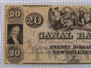 1800s $20 Canal Bank, New Orleans, Louisiana Note Grades CU Plate A 