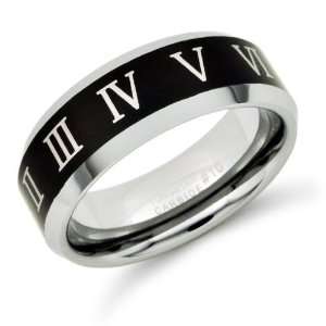 8mm Black Plated Roman Numeral Design Tungsten Ring Band Sizes 8 to 13 