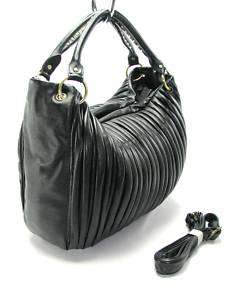 Large Black Pleated Faux Leather Purse Handbag Tote Bag  