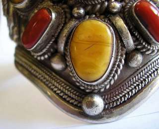 SILVER BRACELET MASSIVE KATHMANDU DRAGONS AMBER CORAL  