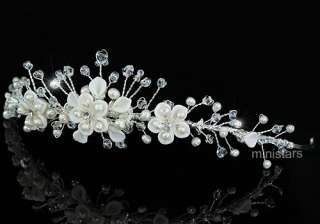 Bridal Handmade Ivory Pearl Clay Ceramic Flower Crystal Tiara T1426 
