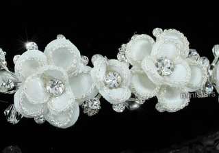 Bridal Handmade Ivory Fabric Crystal Flower Headband Tiara T1435 