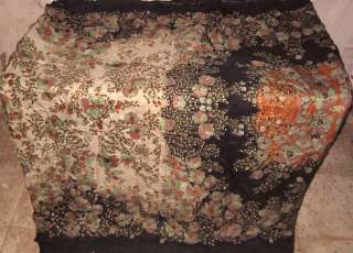 Length is around 5 yards and width is 44. Fabric is pure silk.