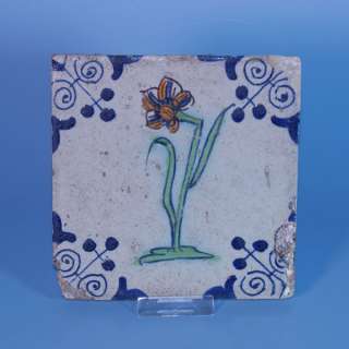 polychrome 17th ct Dutch Delft tile Flower  