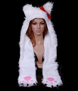 Brand New White Hello Kitty Furry Plush Hat W/ Red Bow  
