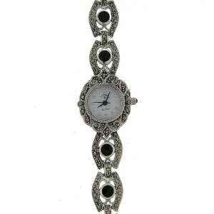    Sterling Silver Marcasite Genuine Black Onyx Shell Watch: Jewelry