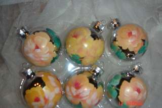 HP SHABBY CHIC ROSES SILVER CORAL YELLOW CHRISTMAS 6 BALLS FRENCH 