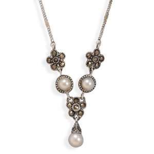  Marcasite Necklace with Imitation Pearl Drop: Jewelry