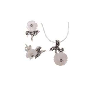   Flower Cut Faux Pearl and Marcasite Earring and Necklace Set: Jewelry