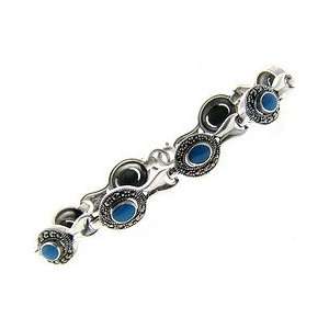   Sterling Silver Marcasite Simulated Oval Turquoise Bracelet: Jewelry