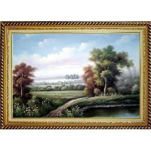  Walkway by Wild Pond Oil Painting, with Linen Liner Gold Wood 