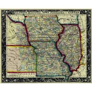  Mitchell 1860 Antique Map of Illinois, Missouri, Iowa 