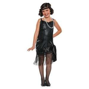   Costume Black Sequin Fringe Dress & Pearls Headpiece 20s Child  