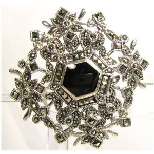    925 Sterling Thai Marcasite with Black Onyx 48mm Pin Jewelry