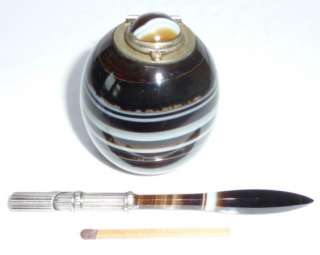   INKWELL BANDED AGATE DIPPING PEN VICTORIAN DESKTOP WRITING SET  