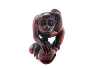   From U.S* Boxwood Hand Carved Netsuke Sculpture Lovely Monkey On Peach