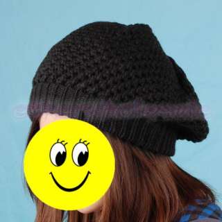Womens Crochet Knit Beret Baggy Beanie Hat Cap Black [SKU: 12 