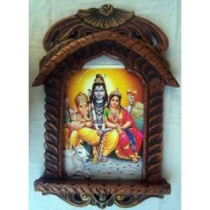 Hindu God Lord Shiva Maa Parvati & Bal Ganesha poster painting in Wood 