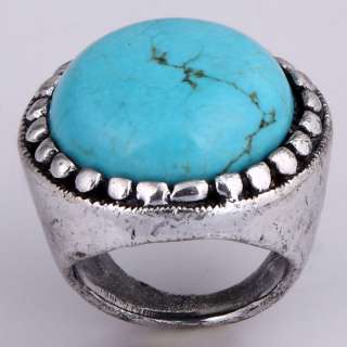 Tibet silver blue howlite turquoise Round bead chunky vintage ring sz 