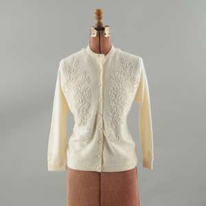   50s Creme Wool White Beaded FLORAL Embellished Cardigan SWEATER  