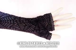 opera/full length fingerless gloves black spider web stretch lace arm 