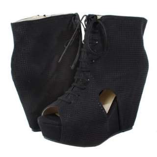  Zena21 Perforated Wedge Ankle Boots BLACK Shoes