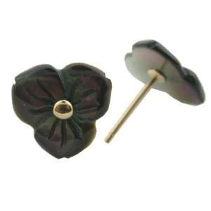   Black Mother Of Pearl Three Petal Flower Earrings, 14k Gold Jewelry