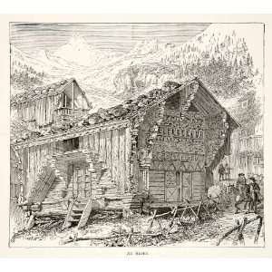 1891 Wood Engraving Sepey Switzerland Alps Mountain Chalet Cabin House 