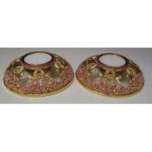 Jeweled Crystal Tea Light Candle Holders Ivory with Amber Crystals