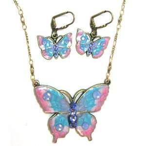 Anne Koplik Designs Gold Plated Blue and Pink Butterfly Necklace and 