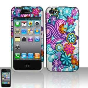 For iPhone 4 (AT&T/Verizon) Purple/Blue Flowers Design Cover Snap On 