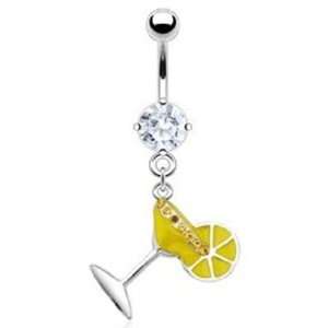   Glass Belly Button Navel Ring Dangle with Clear Cz and Surgical Steel