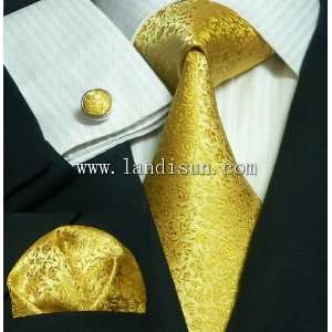 Landisun 28C Gold Yellow Floral Pattern Mens Silk Tie Set 