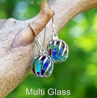 Antique Glass Nugget Earrings Women Silver Tone Cage Cute Eco Fashion 
