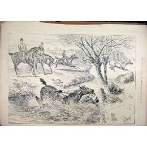   Horse Jumping River Falling Man Tree Antique Print