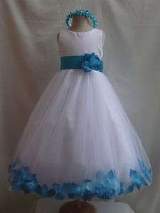 NEW WHITE TURQUOISE PAGEANT WEDDING FLOWER GIRL DRESS S M L XL 2 4 6 8 