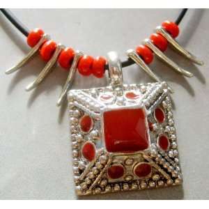  Red Beads Alloy Metal Pendant Necklace 