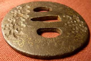 Original Samurai Era Japanese Sword Tsuba   Hot Stamp Mon  