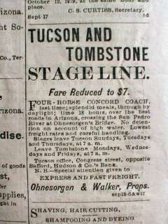 Rare 1879 Tucson ARIZONA TERRITORY newspaper TOMBSTONE FOUNDED by Ed 