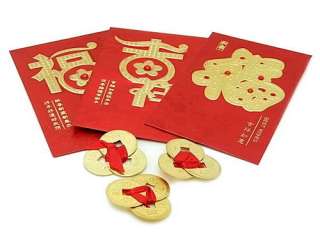 Three Golden I Ching Coins With Red Ribbon  