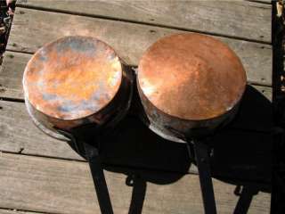 SET OF 2 VINTAGE TINNED COPPER PANS W/IRON HANDLES WOW  