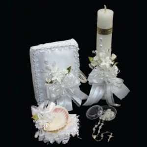 Baptismal Gift Set in Spanish with Candle, Handkerchief, Rosary, New 