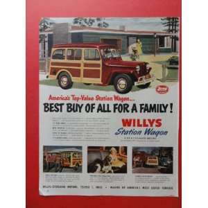 1950 Willys station wagon. print advertisement (woody car/house/family 